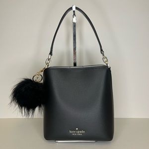 NWT ♠️ Kate Spade Small Bucket crossbody bag Black with Fur Pom Charm
